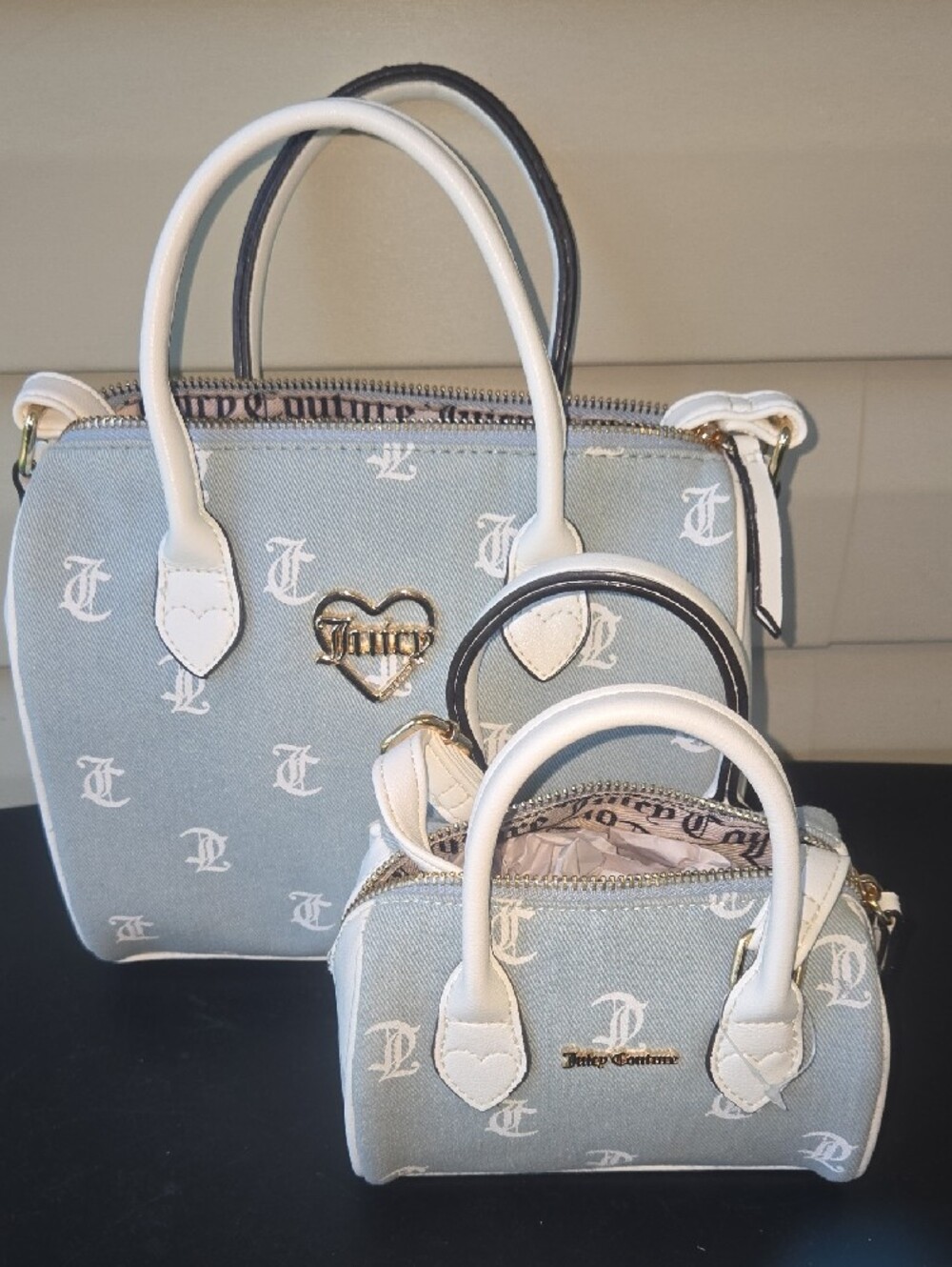 Juicy Couture Light Blue & White Monogram Satchel And Mini with Gold Heart Logo